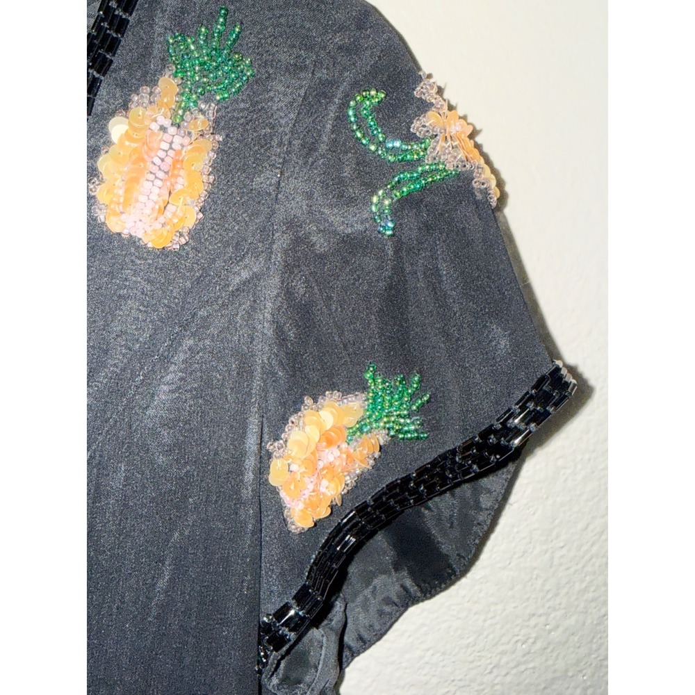 Vintage Cache Black 100% Silk Beaded Pineapple Floral Mini Dress Womens 6 - Picture 7 of 11